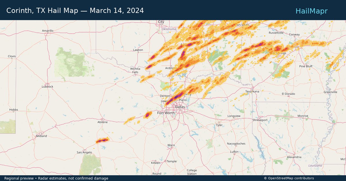 Corinth, TX Hail Map — March 14, 2024 — regional heatmap and storm polygons