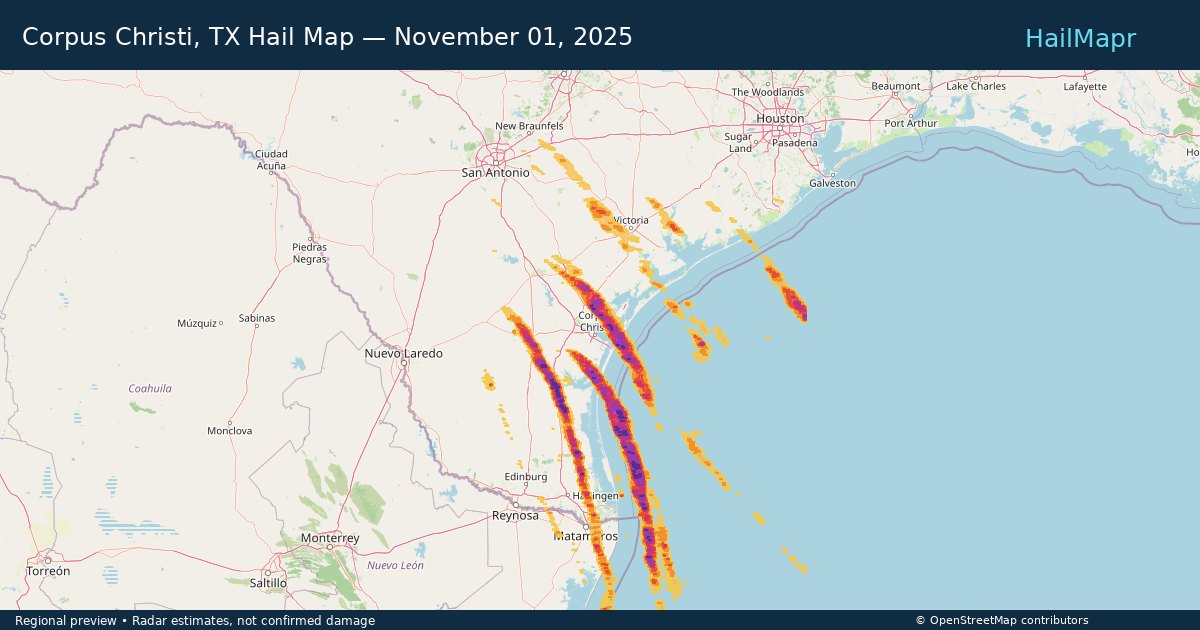 Corpus Christi, TX Hail Map — November 01, 2025 — regional heatmap and storm polygons