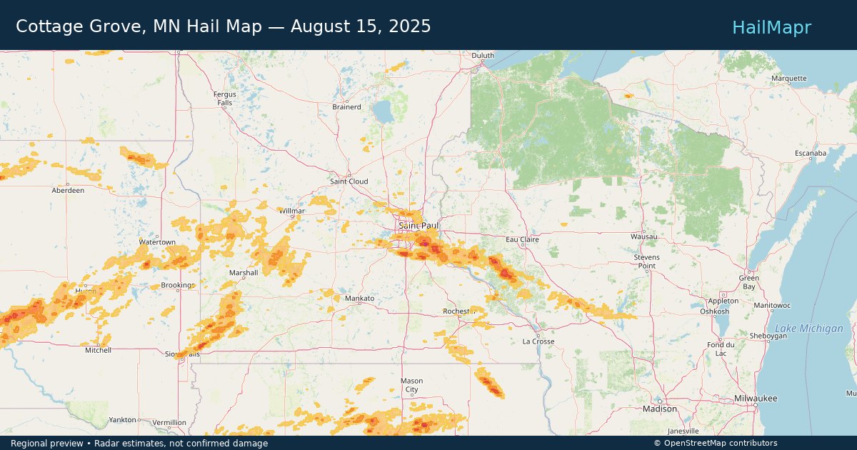 Cottage Grove, MN Hail Map — August 15, 2025 — regional heatmap and storm polygons