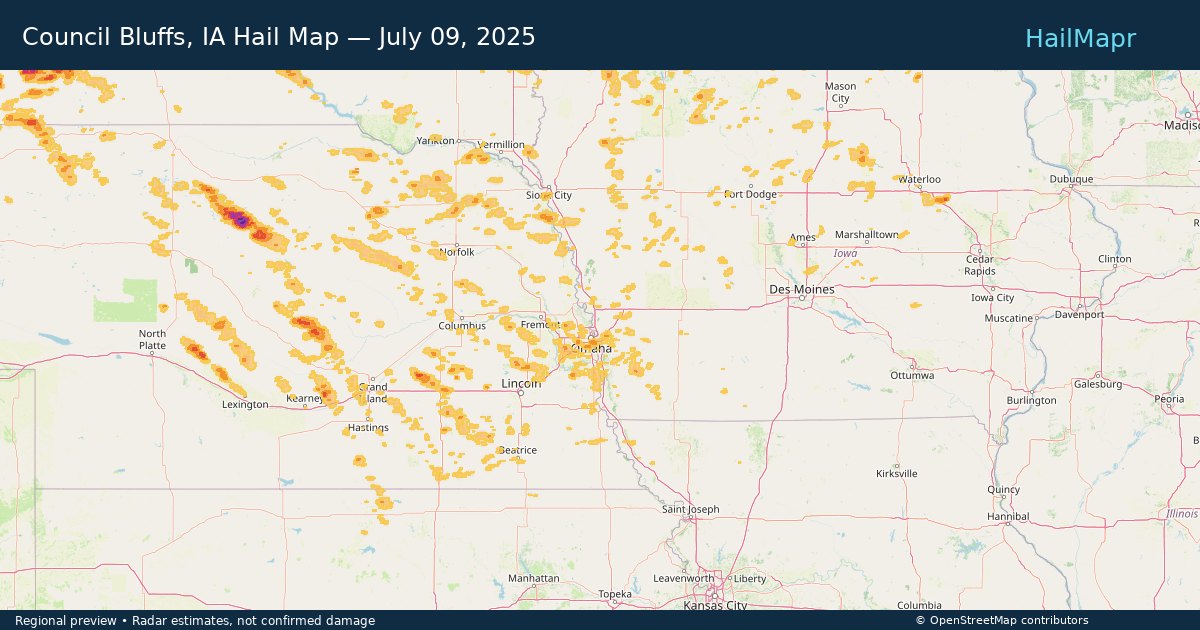Council Bluffs, IA Hail Map — July 09, 2025 — regional heatmap and storm polygons