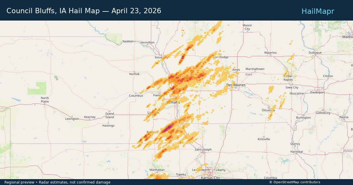 Council Bluffs, IA Hail Map — April 23, 2026 — regional heatmap and storm polygons