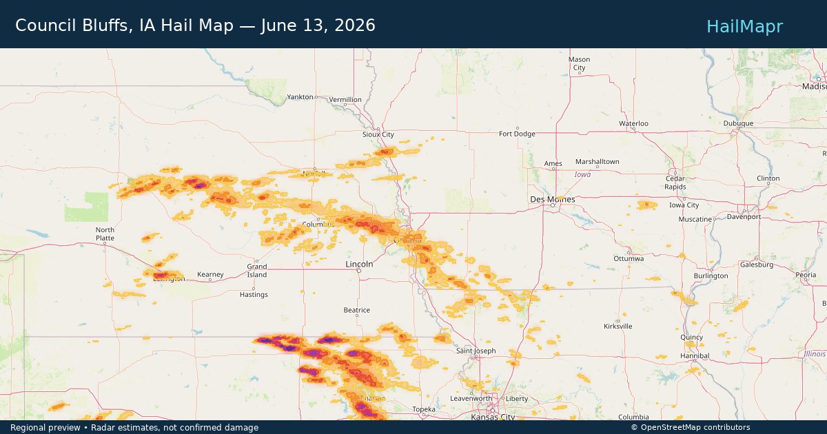 Council Bluffs, IA Hail Map — June 13, 2026 — regional heatmap and storm polygons