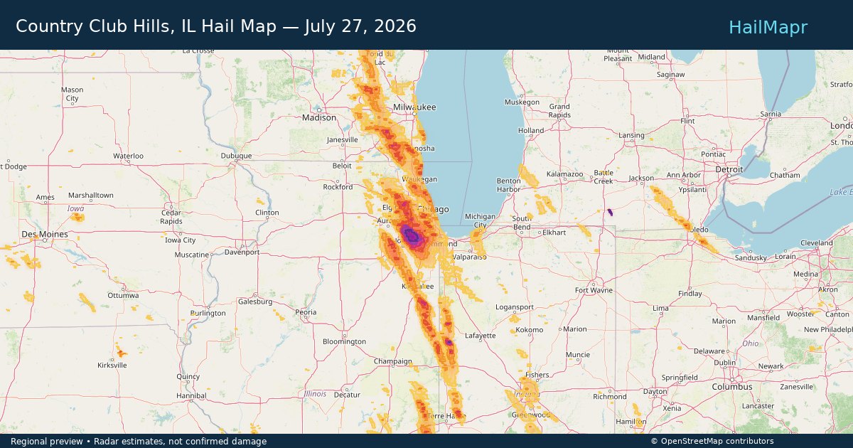 Country Club Hills, IL Hail Map — July 27, 2026 — regional heatmap and storm polygons