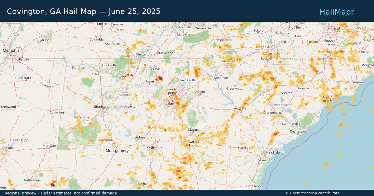 Covington, GA Hail Map — June 25, 2025 — regional heatmap and storm polygons