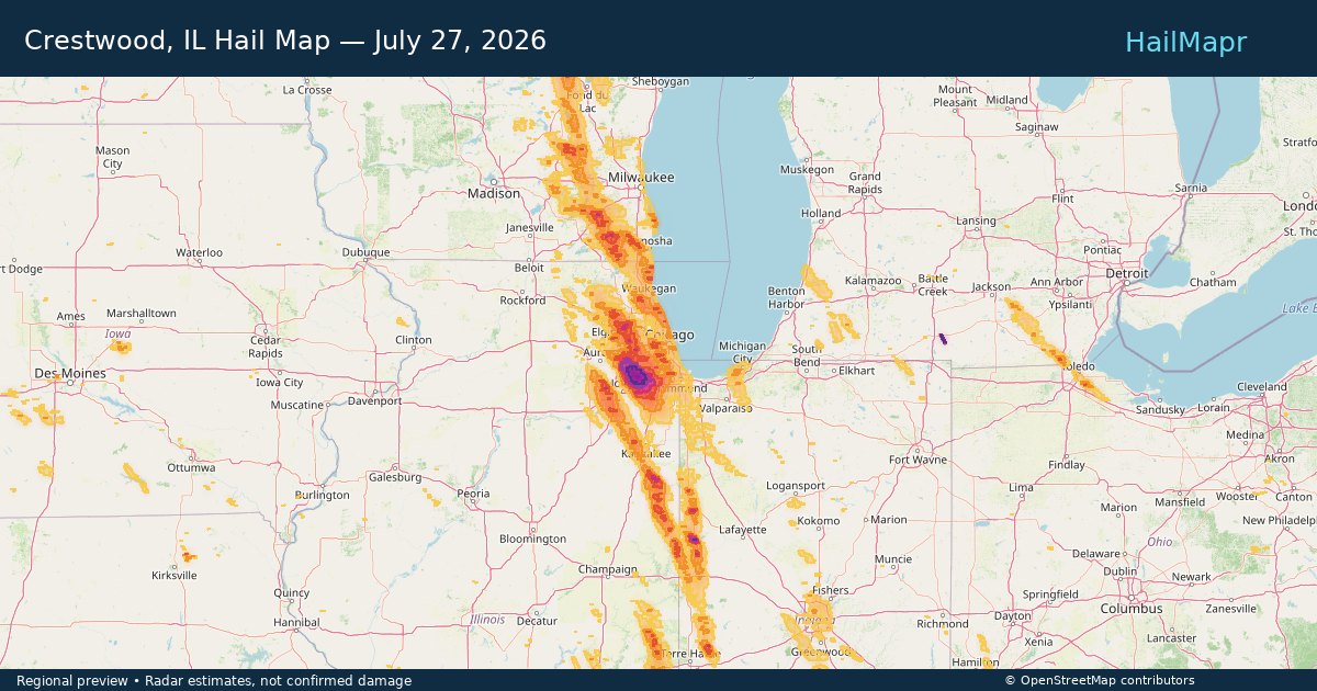 Crestwood, IL Hail Map — July 27, 2026 — regional heatmap and storm polygons