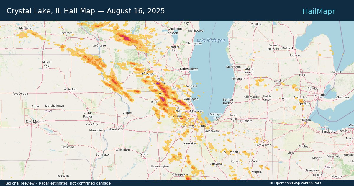 Crystal Lake, IL Hail Map — August 16, 2025 — regional heatmap and storm polygons