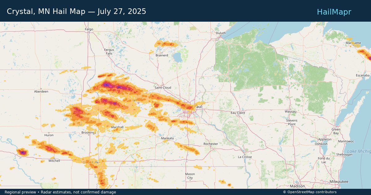 Crystal, MN Hail Map — July 27, 2025 — regional heatmap and storm polygons