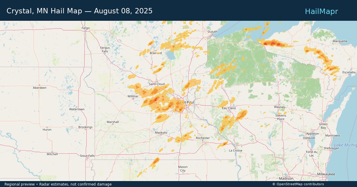 Crystal, MN — August 08, 2025 — regional hail footprint preview