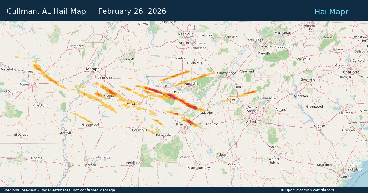 Cullman, AL Hail Map — February 26, 2026 — regional heatmap and storm polygons
