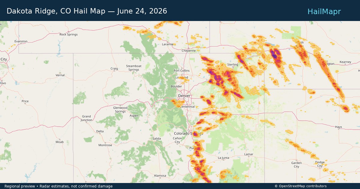 Dakota Ridge, CO Hail Map — June 24, 2026 — regional heatmap and storm polygons