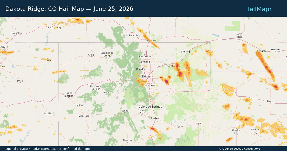 Dakota Ridge, CO Hail Map — June 25, 2026 — regional heatmap and storm polygons