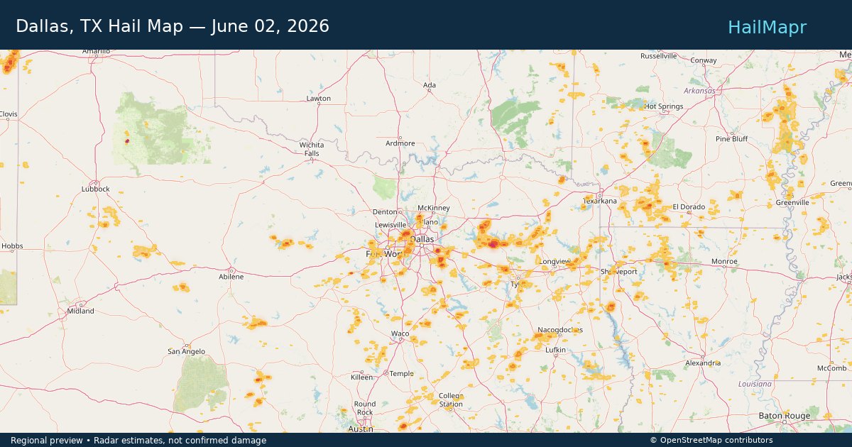 Dallas, TX — June 02, 2026 — regional hail footprint preview