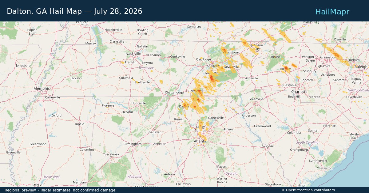Dalton, GA Hail Map — July 28, 2026 — regional heatmap and storm polygons