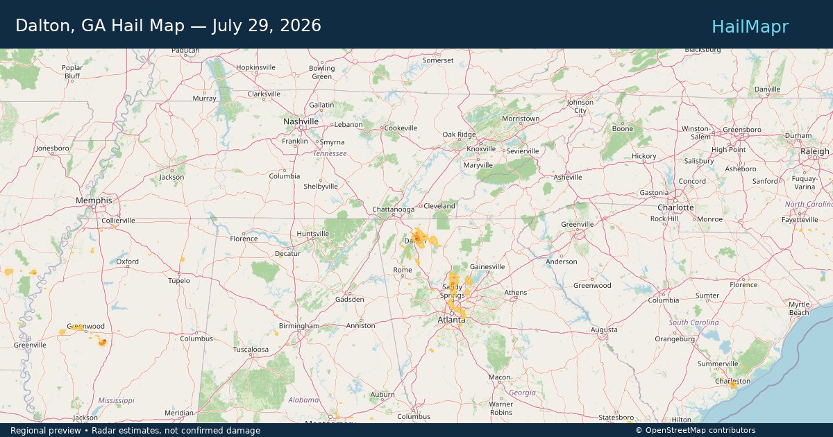 Dalton, GA Hail Map — July 29, 2026 — regional heatmap and storm polygons