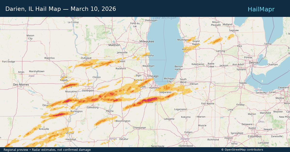 Darien, IL Hail Map — March 10, 2026 — regional heatmap and storm polygons