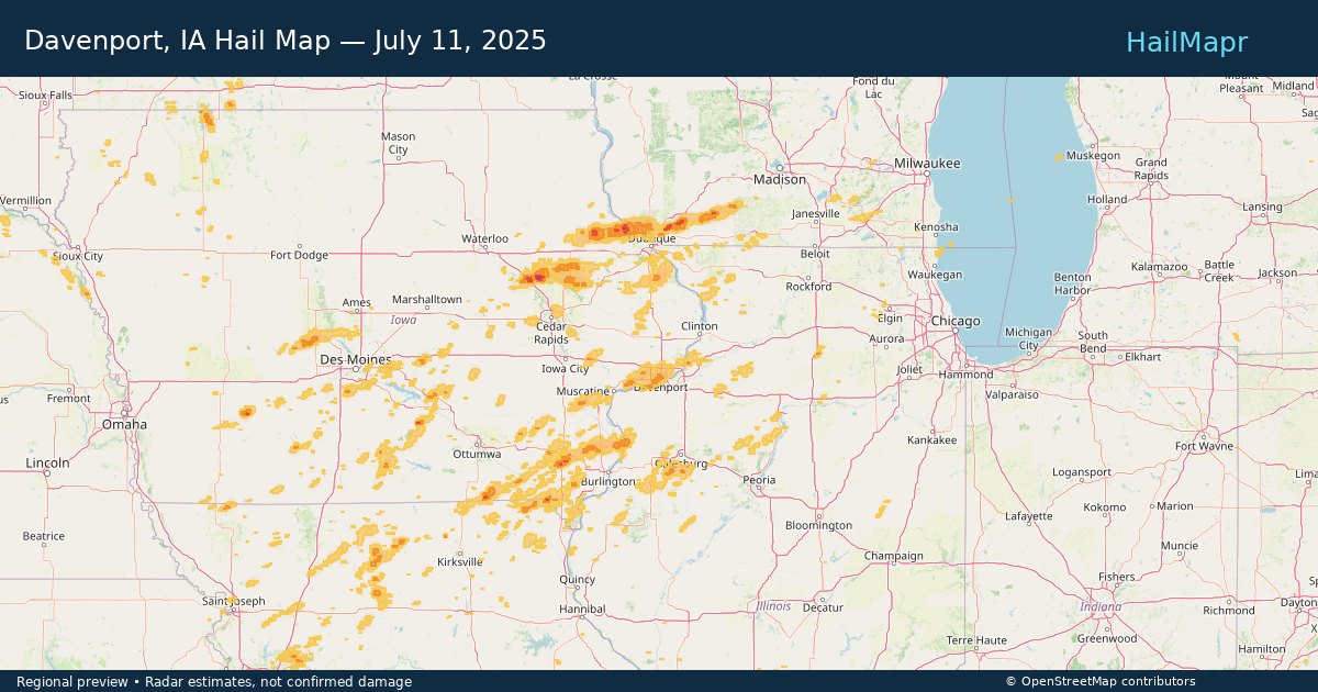 Davenport, IA Hail Map — July 11, 2025 — regional heatmap and storm polygons
