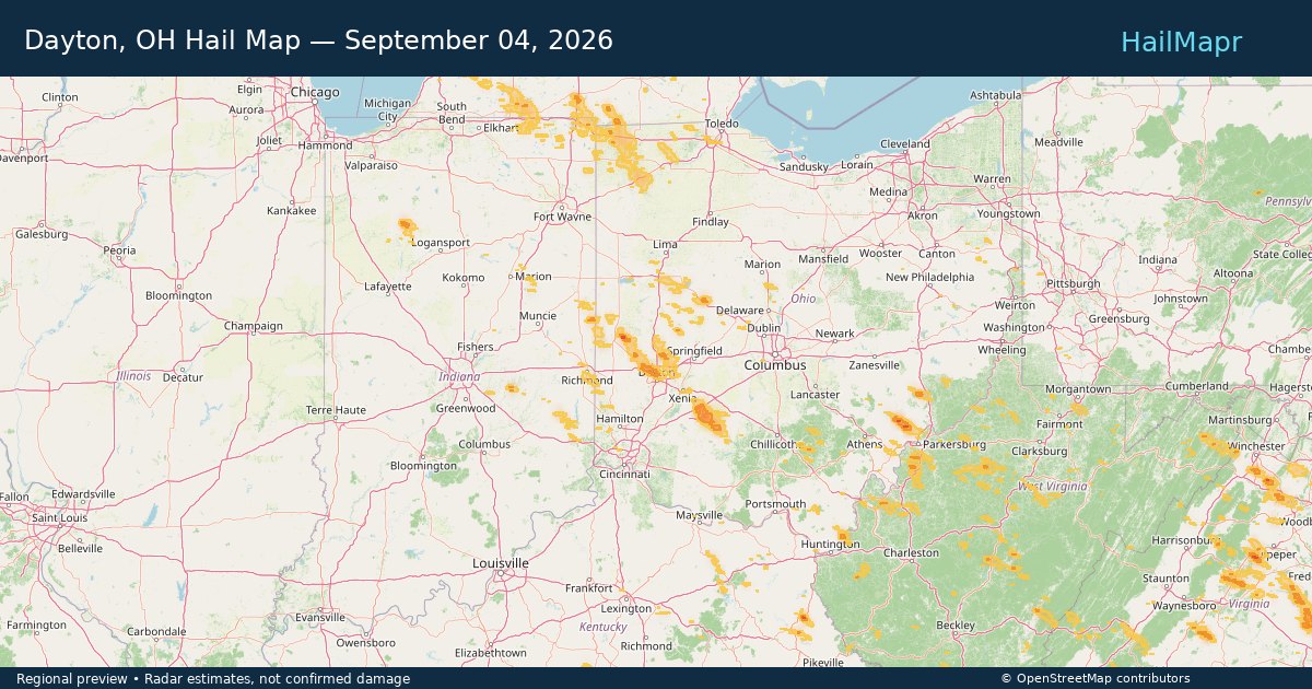 Dayton, OH Hail Map — September 04, 2026 — regional heatmap and storm polygons