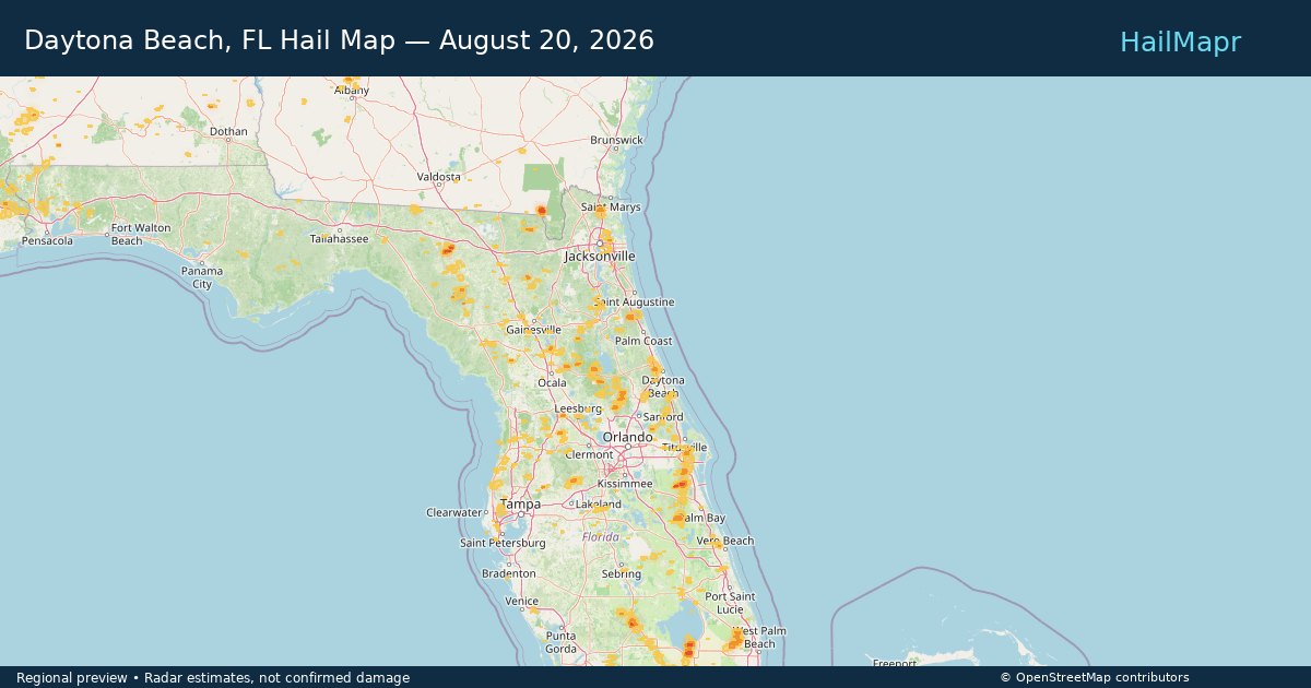 Daytona Beach, FL Hail Map — August 20, 2026 — regional heatmap and storm polygons