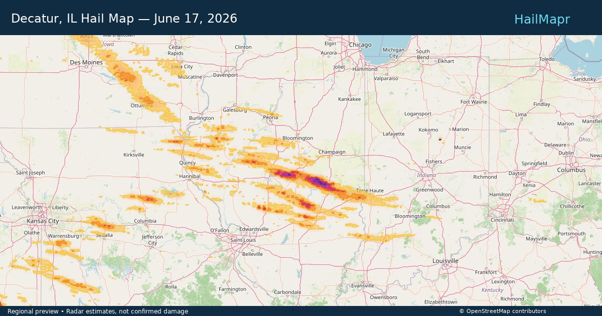 Decatur, IL — June 17, 2026 — regional hail footprint preview