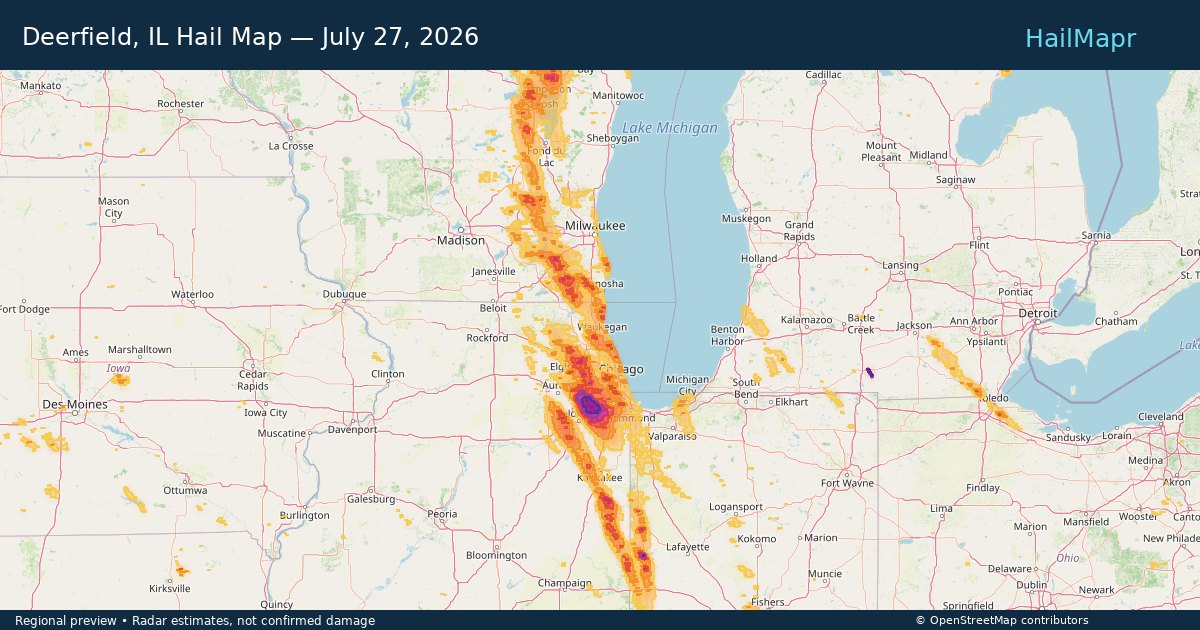 Deerfield, IL Hail Map — July 27, 2026 — regional heatmap and storm polygons