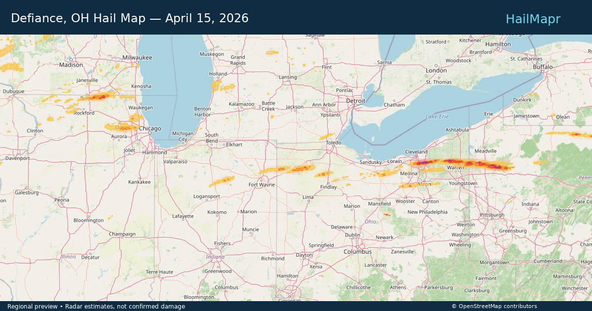 Defiance, OH Hail Map — April 15, 2026 — regional heatmap and storm polygons