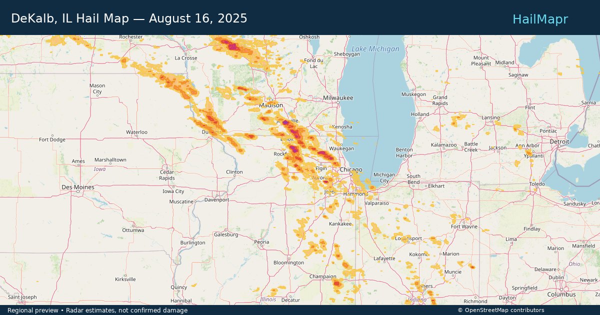 DeKalb, IL Hail Map — August 16, 2025 — regional heatmap and storm polygons