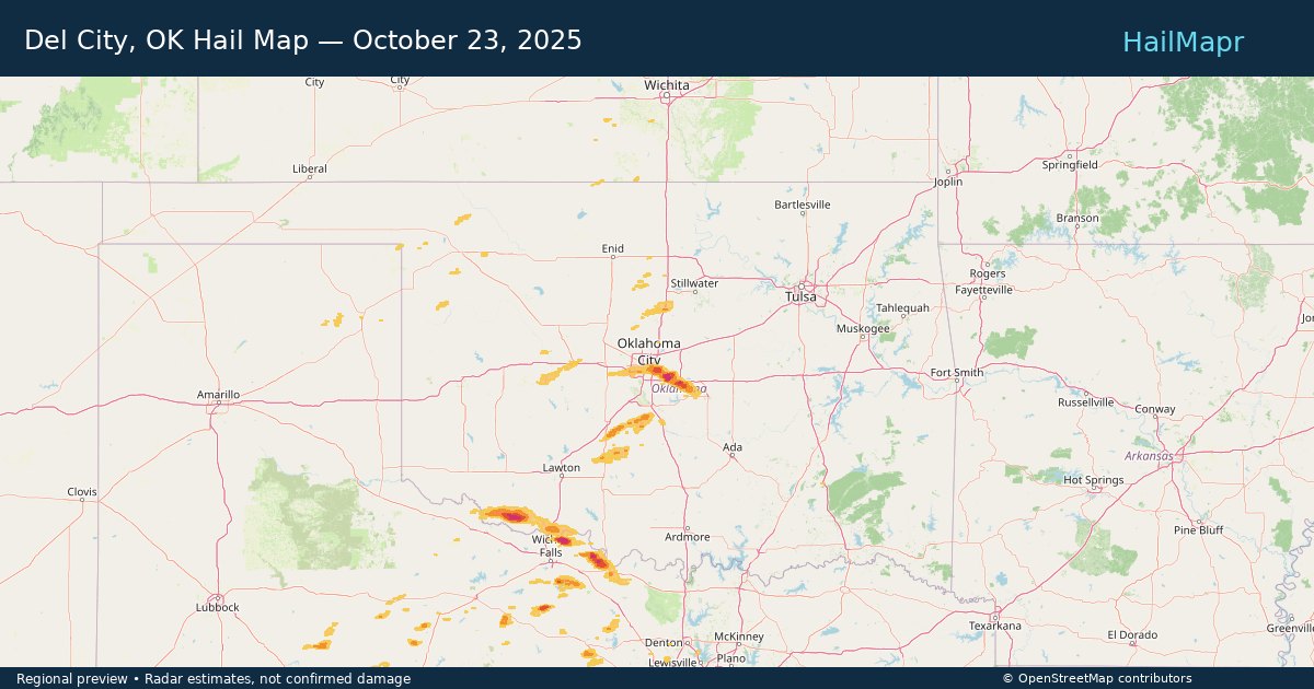 Del City, OK — October 23, 2025 — regional hail footprint preview