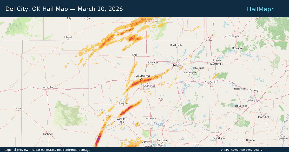 Del City, OK Hail Map — March 10, 2026 — regional heatmap and storm polygons