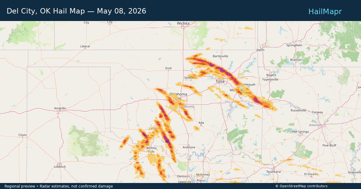 Del City, OK Hail Map — May 08, 2026 — regional heatmap and storm polygons