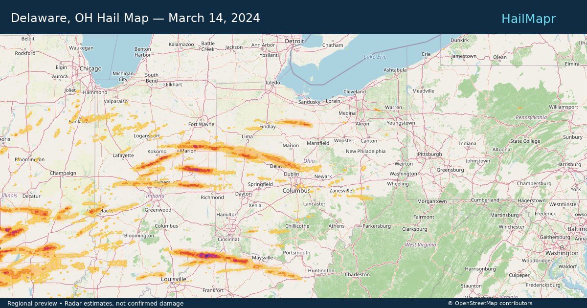 Delaware, OH Hail Map — March 14, 2024 — regional heatmap and storm polygons
