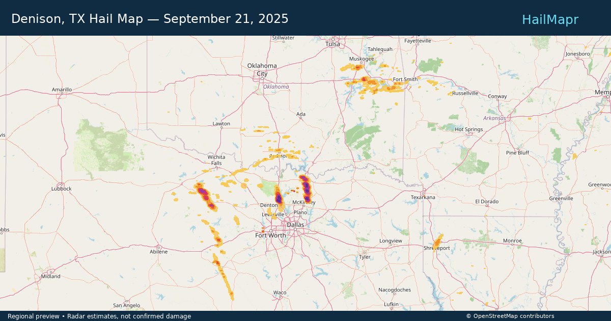 Denison, TX Hail Map — September 21, 2025 — regional heatmap and storm polygons