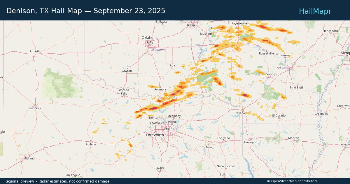 Denison, TX Hail Map — September 23, 2025 — regional heatmap and storm polygons