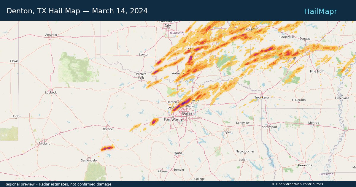 Denton, TX Hail Map — March 14, 2024 — regional heatmap and storm polygons
