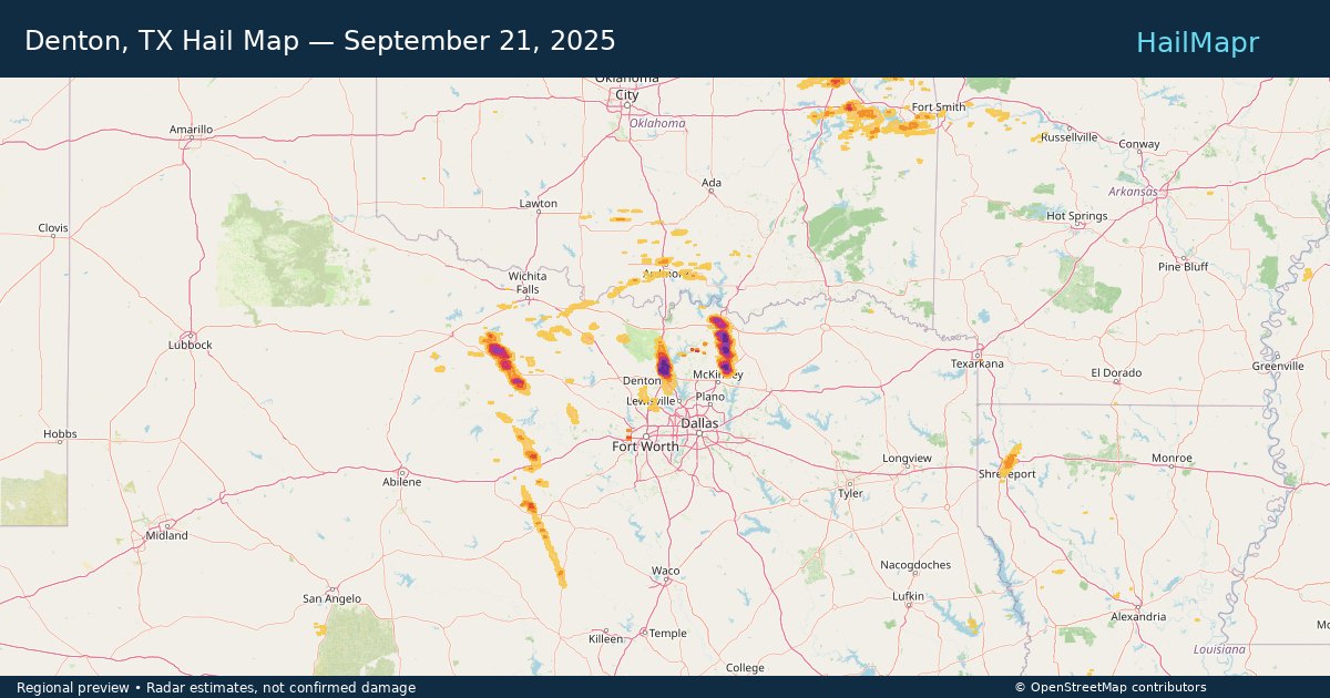 Denton, TX Hail Map — September 21, 2025 — regional heatmap and storm polygons