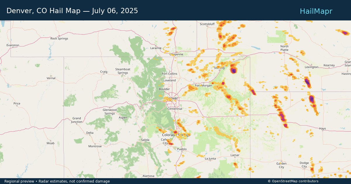 Denver, CO Hail Map — July 06, 2025 — regional heatmap and storm polygons