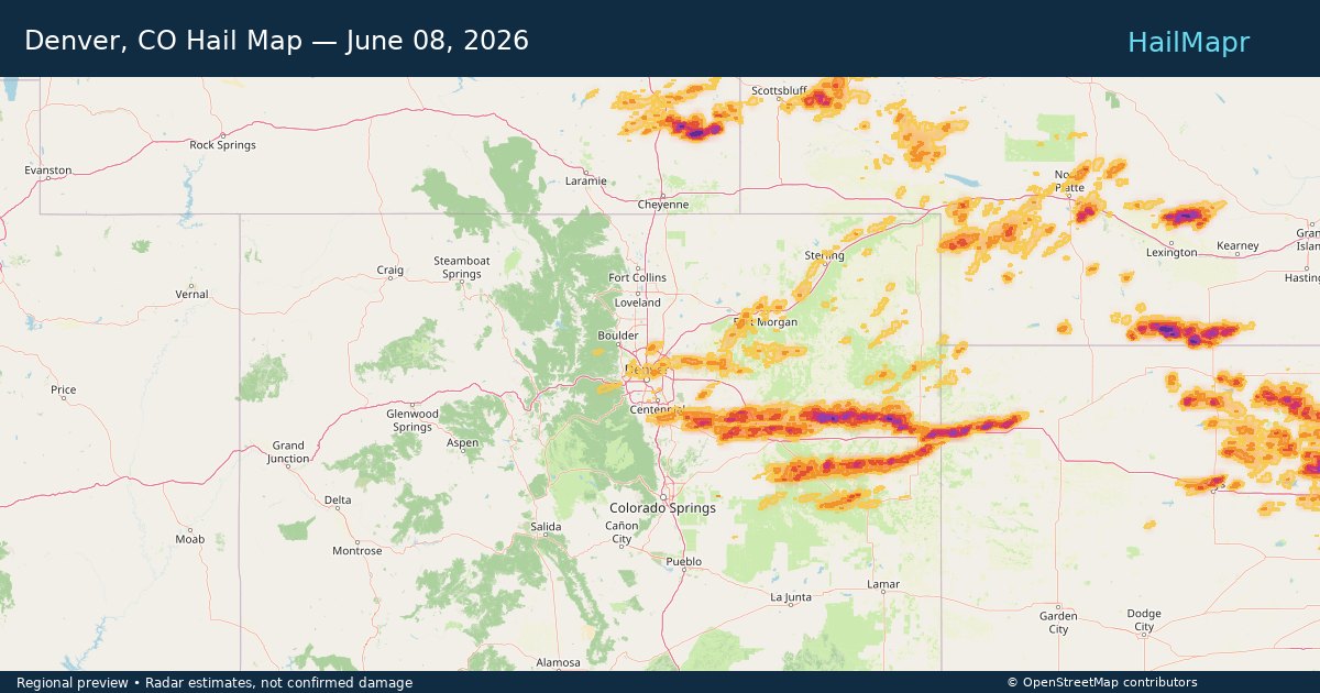Denver, CO Hail Map — June 08, 2026 — regional heatmap and storm polygons