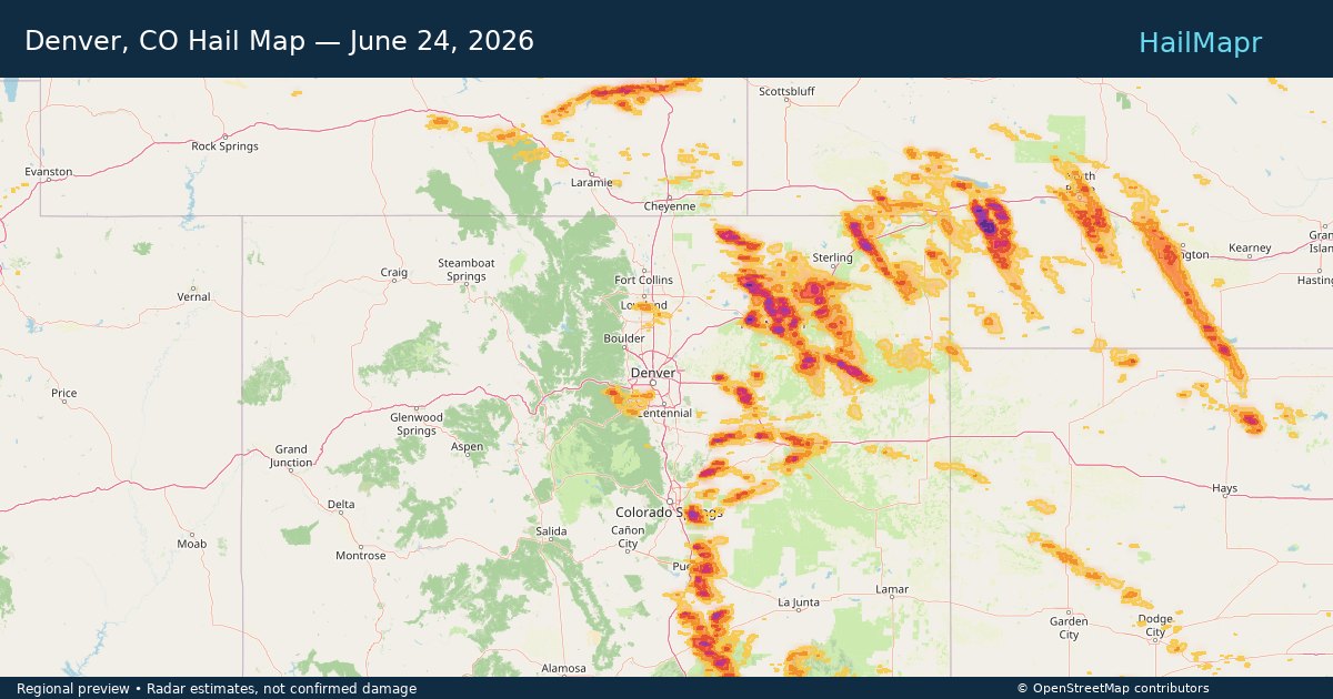 Denver, CO Hail Map — June 24, 2026 — regional heatmap and storm polygons