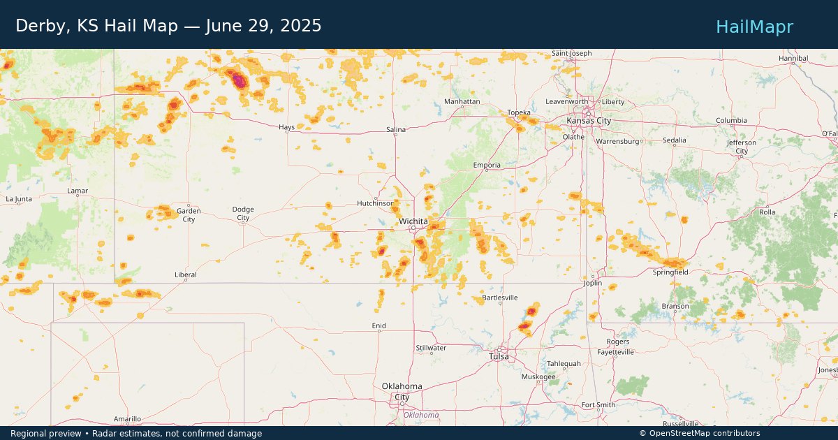 Derby, KS Hail Map — June 29, 2025 — regional heatmap and storm polygons