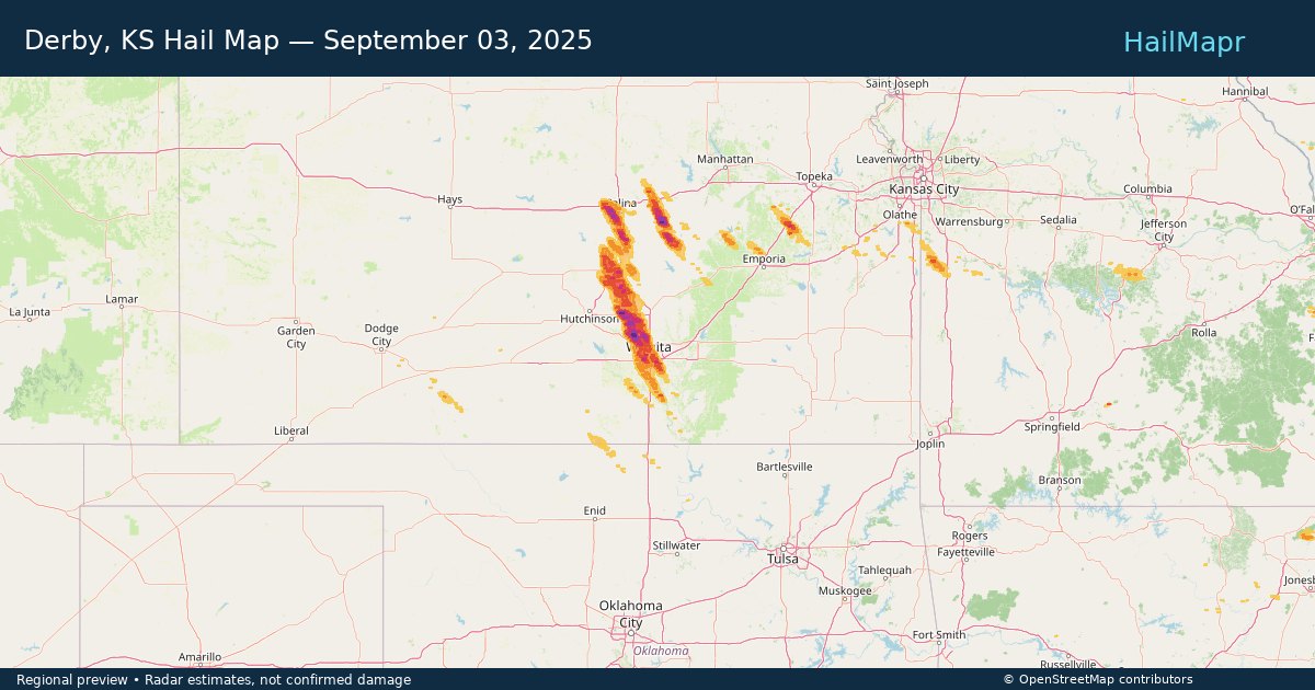 Derby, KS Hail Map — September 03, 2025 — regional heatmap and storm polygons