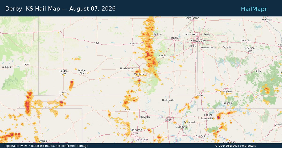 Derby, KS Hail Map — August 07, 2026 — regional heatmap and storm polygons