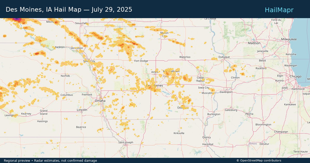Des Moines, IA Hail Map — July 29, 2025 — regional heatmap and storm polygons