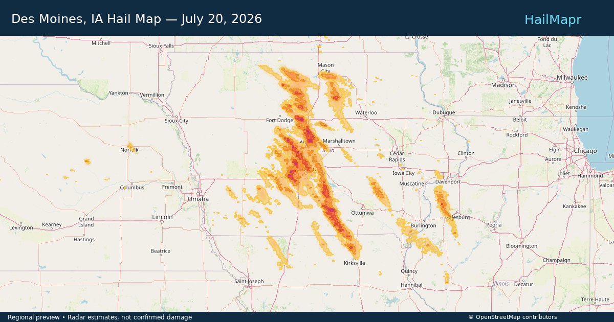 Des Moines, IA — July 20, 2026 — regional hail footprint preview