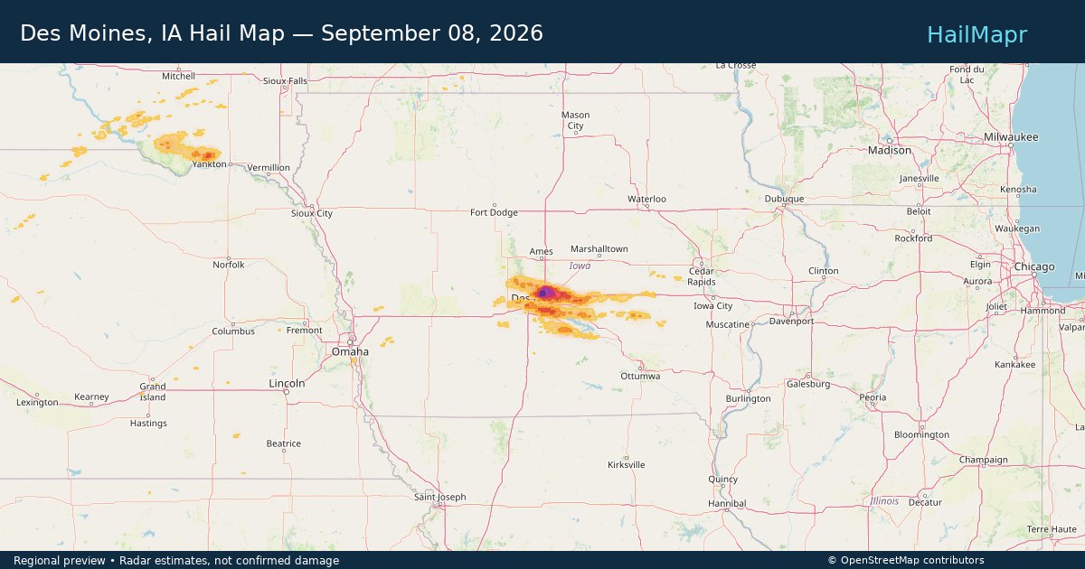 Des Moines, IA Hail Map — September 08, 2026 — regional heatmap and storm polygons