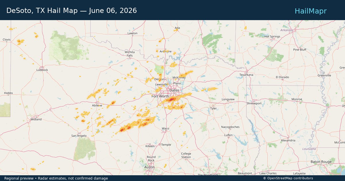 DeSoto, TX Hail Map — June 06, 2026 — regional heatmap and storm polygons