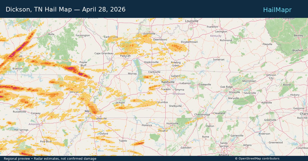 Dickson, TN Hail Map — April 28, 2026 — regional heatmap and storm polygons