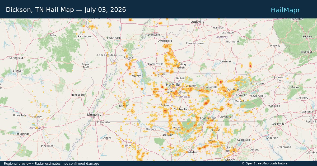 Dickson, TN Hail Map — July 03, 2026 — regional heatmap and storm polygons