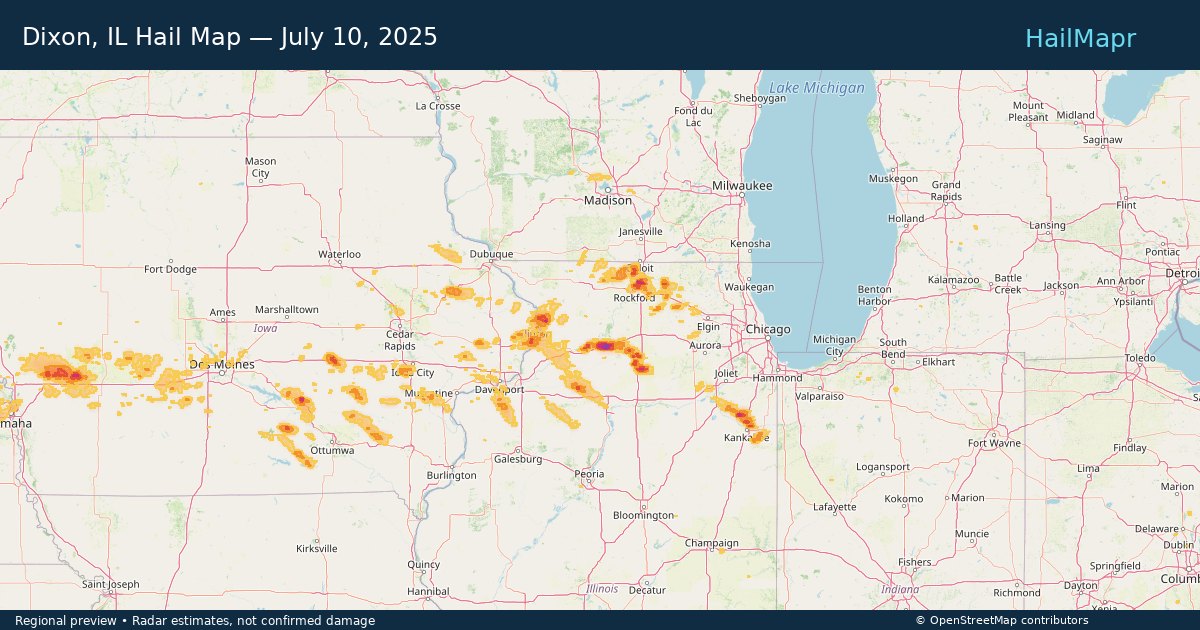 Dixon, IL Hail Map — July 10, 2025 — regional heatmap and storm polygons