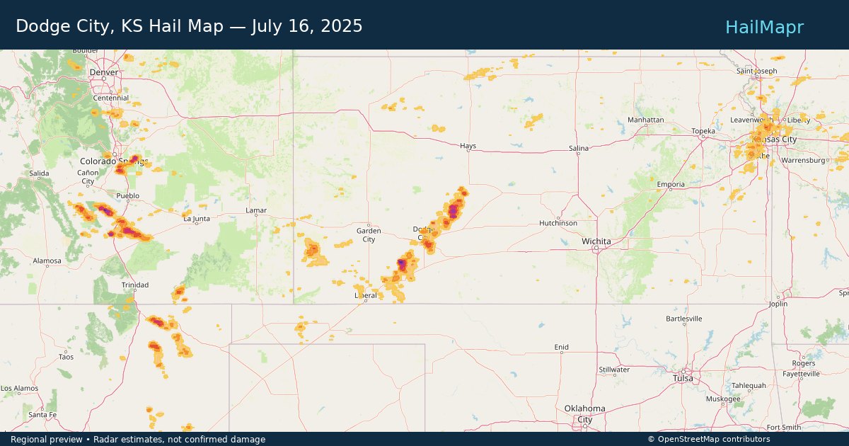 Dodge City, KS Hail Map — July 16, 2025 — regional heatmap and storm polygons