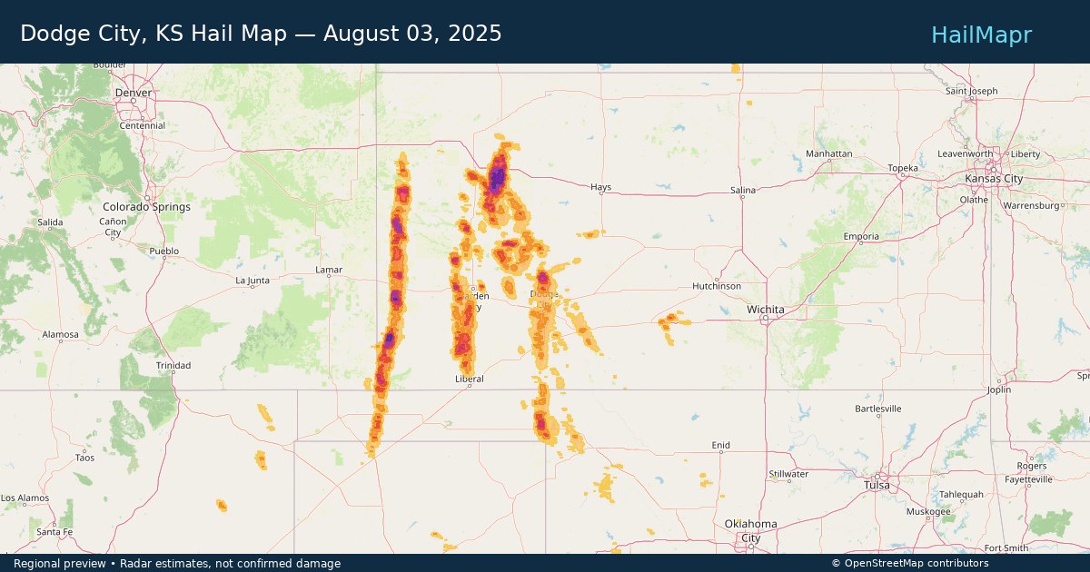 Dodge City, KS Hail Map — August 03, 2025 — regional heatmap and storm polygons