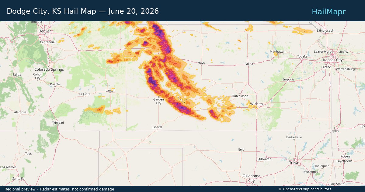 Dodge City, KS Hail Map — June 20, 2026 — regional heatmap and storm polygons